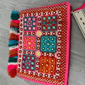 FIGUE / Club Monaco - Colourful Embroidered Clutch with Tassels - NWT